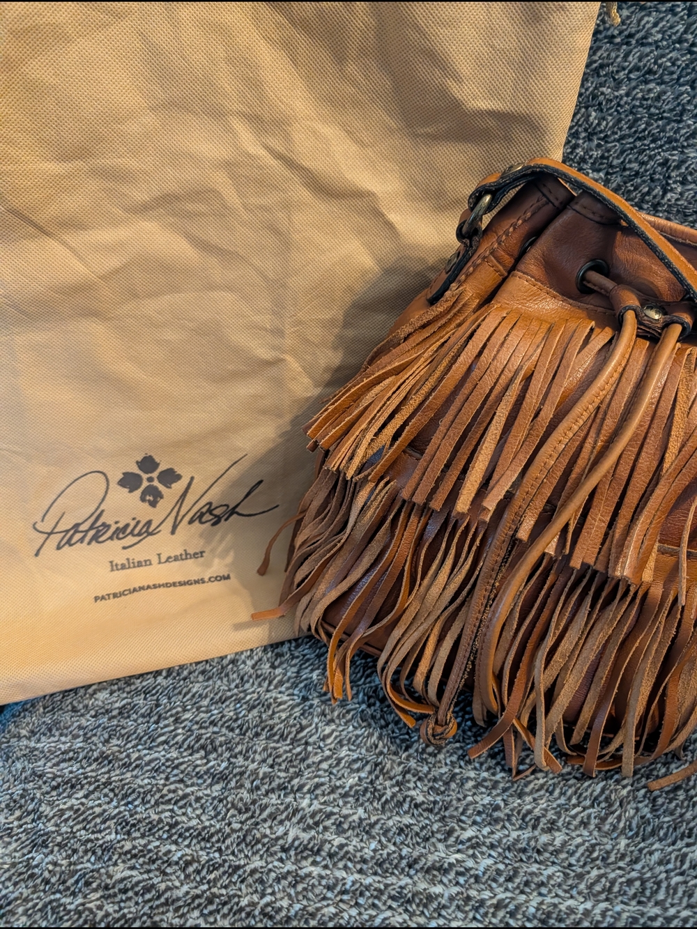Patricia Nash Tan Leather Fringe Drawstring Crossbody - Picture 6 of 11